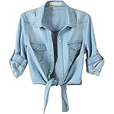 Omoone Women's 3/4 Sleeve Modern Denim Crop Top Tie Knot Shirt Cardigan