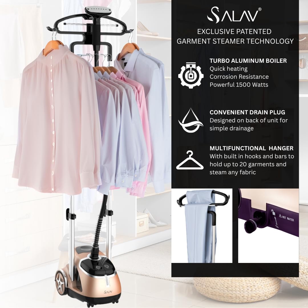 SALAV Professional Standing Garment Steamer with Retractable Power Cord, Foot Pedal Control, Wheels for Easier Movement (Gold)