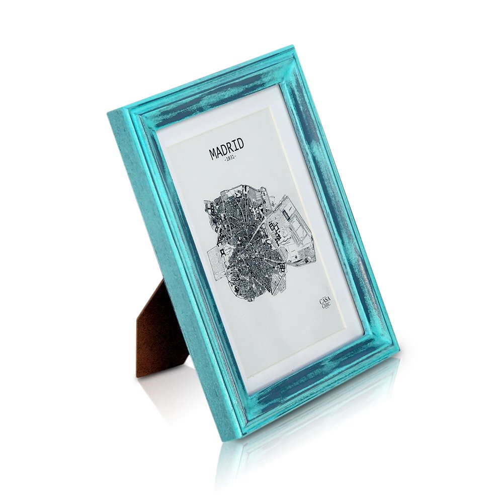 Antic by Casa Chic Solid Wood Shabby Chic Photo Frame 5x7 inch Frame Glass Front With Picture Mount for 6x4 inch Photo 1 Frame 2 Centimetre Edge Width Distressed Turquoise and Silver