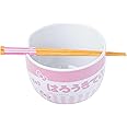 Silver Buffalo Sanrio Hello Kitty Pink Stripes Ceramic Ramen Bowl with Chopsticks, 20 Ounces