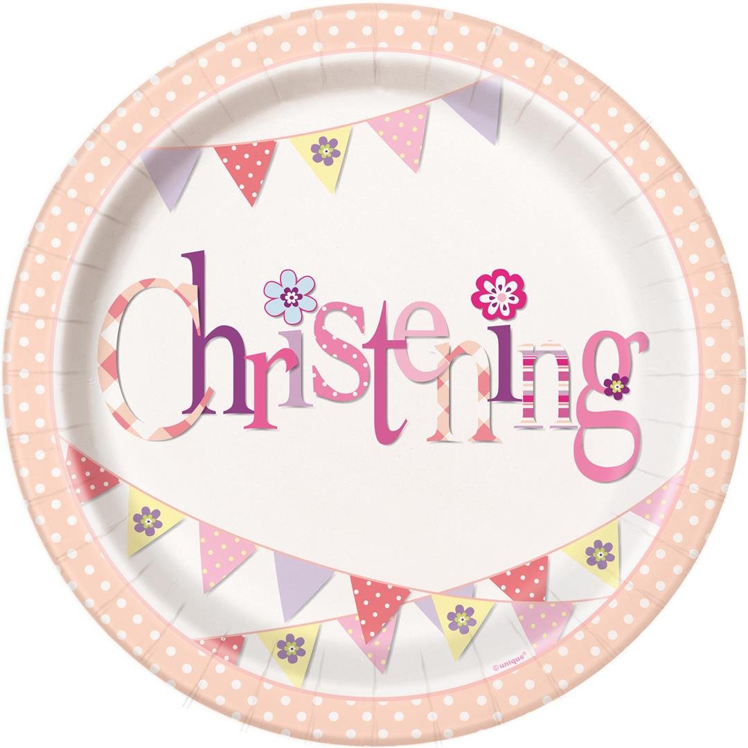 Unique Party 52035 - Pink Bunting Paper Christening Plates, Pack of 8