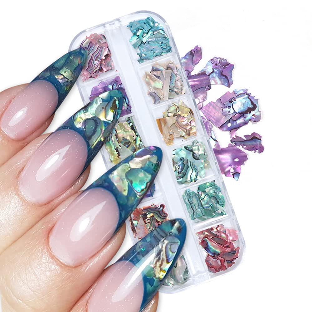 CHANGAR Abalone Shell Flakes for Nail Art, Colorful Seashell Nail Art Sequins Glitter Irregular Slices Manicure DIY Paillette Accessories, 12 Grid / Box, 12.0 Count