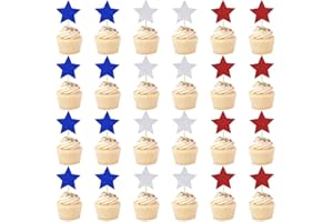 Bekaterea 24PCS July 4th Star Cupcake Topper,red and blue cake decoration，Star Shaped American Patriotic Cupcake Toppers，Independence Day Party Decorations supplies (1)