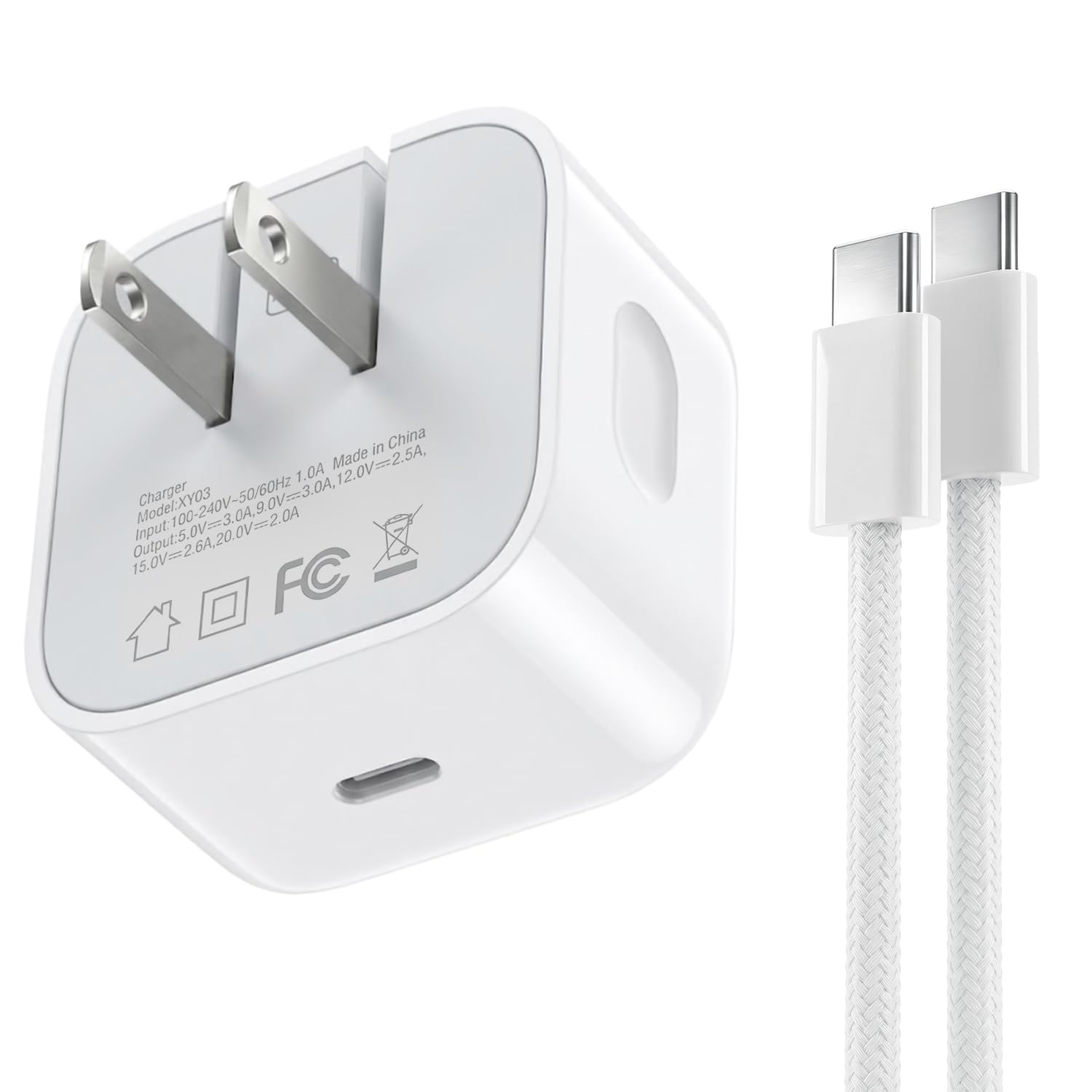 40W-60W Dynamic USB C Wall Charger for Apple iPhone 17 16 15 Pro Max, Foldable Fast Power Adapter Compatible with MacBook Air, iPad, Samsung S25, with 5FT Braided USB-C Cable, Withe