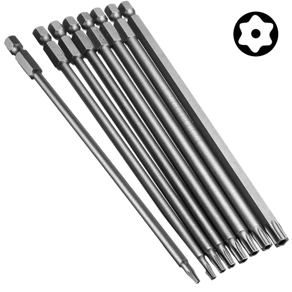 Bestgle 8pcs Torx Screwdriver Bits Set, 1/4 Inch Hex Shank Magnetic Security Star Drill Bits, T8–T40, 150mm Long S2 Steel Torx Driver Bits for Electric Screwdrivers & Power Drills