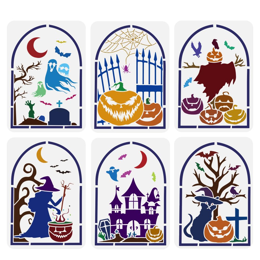 FINGERINSPIRE 6PCS Arch Halloween Haunted House Stencils 21x29.7cm Happy Halloween Painting Stencil Scary Haunted House Decorative Stencil for Painting on Wood Wall Furniture Halloween Home Decor