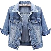 Unilexi Women's 3/4 Sleeve Colored Cropped Denim Jacket Light Wash Short Jean Jacket Trucker Coat