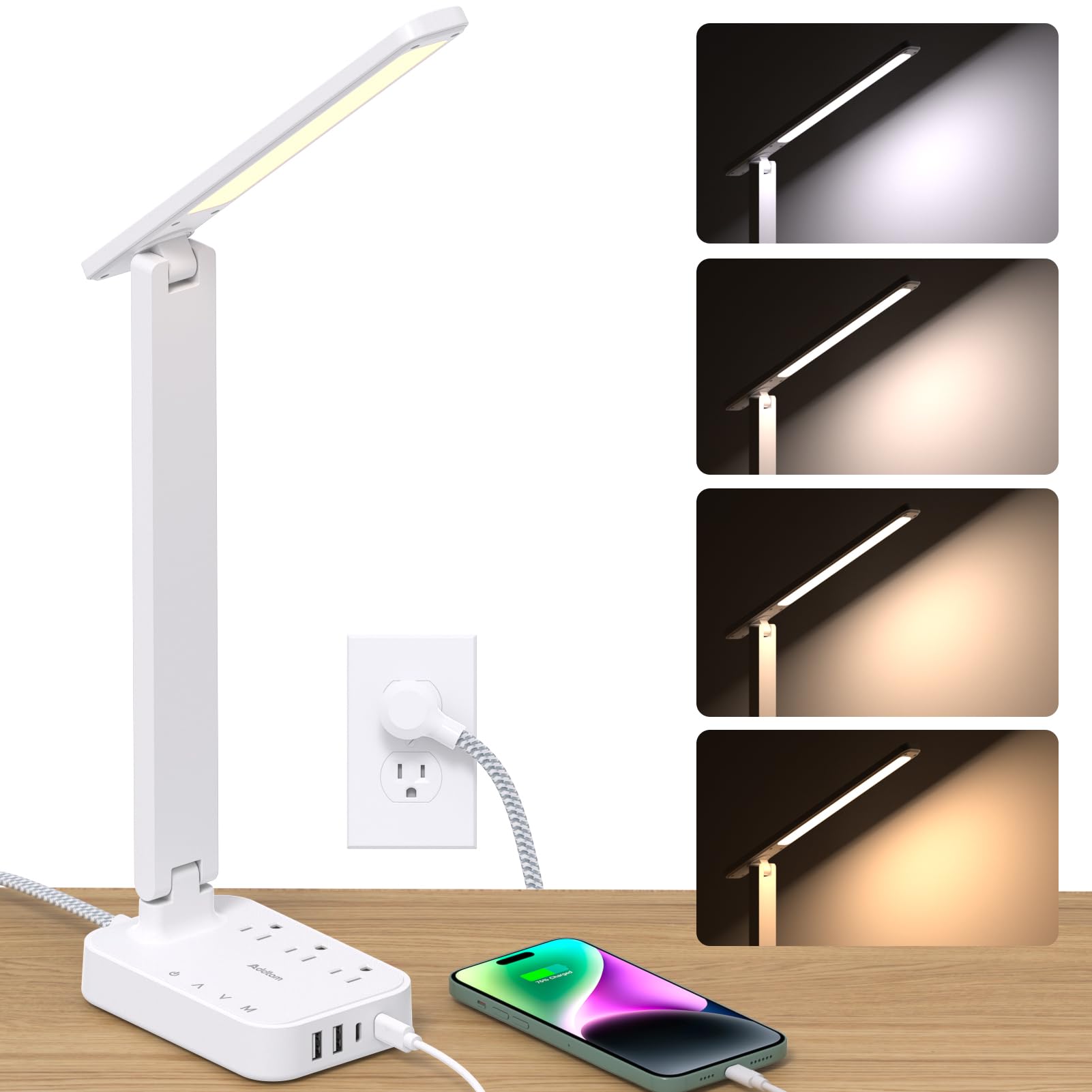 Photo 1 of Addtam LED Desk Lamp, Power Strip with 3 Outlets 4 USB Charging Ports(2 USBC), 4 Modes 5 Level Brightness Touch Lamp, Small Desk Lamp for Home Office College Dorm Room Essentials, White