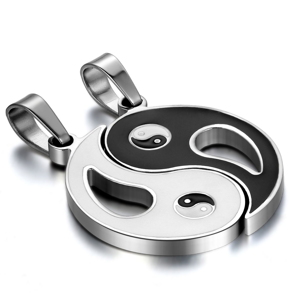 JewelryWe Free Engraving 2pcs Matching Friendship Best Friends Ying Yang Pendant Necklaces Set, 18 and 22 inch Chain, Black Silver