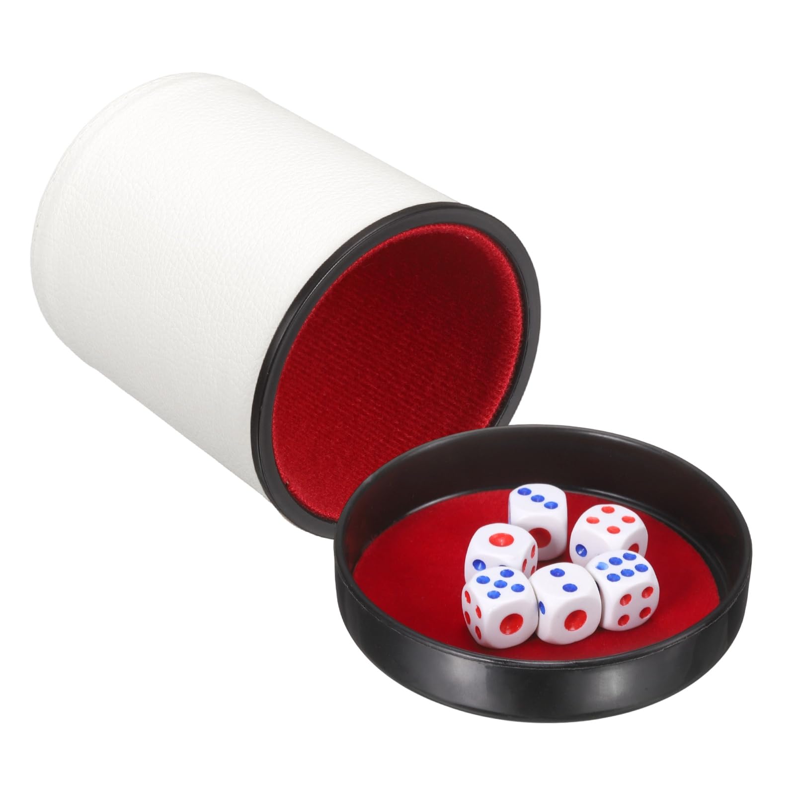 sourcing map Felt Lined Professional Dice Cup, PU Leather Quiet Shaker Cups with Lid Includes 6 Dot Dice for Bar Gatherings Party Board Games, White