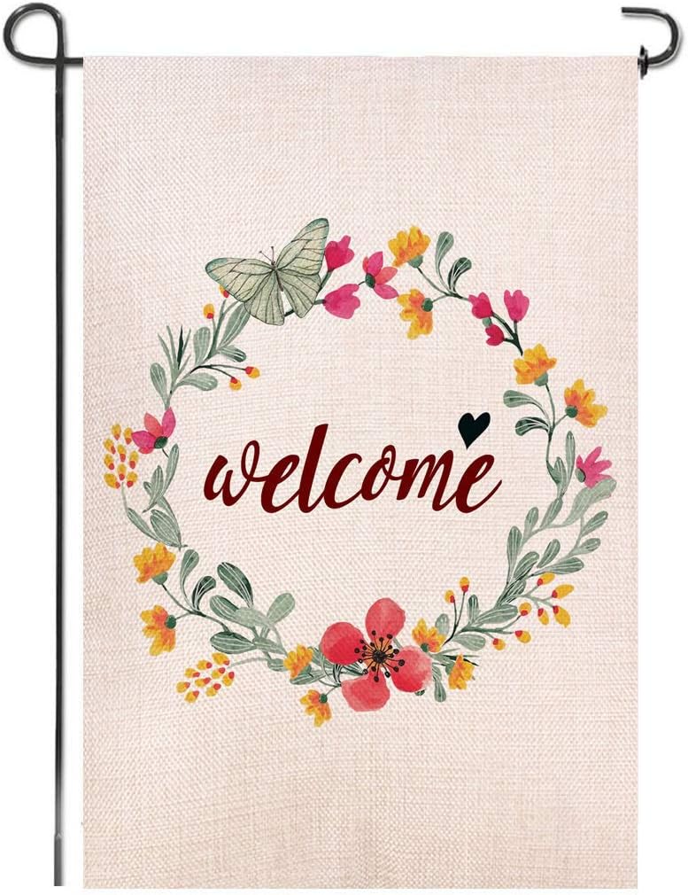 Shmbada Flowers Welcome Burlap Double Sided Garden Flag, Premium Material, Seasonal Spring Summer Outdoor Decorative Flags for Garden Yard Lawn, 12.5 x 18.5 inch