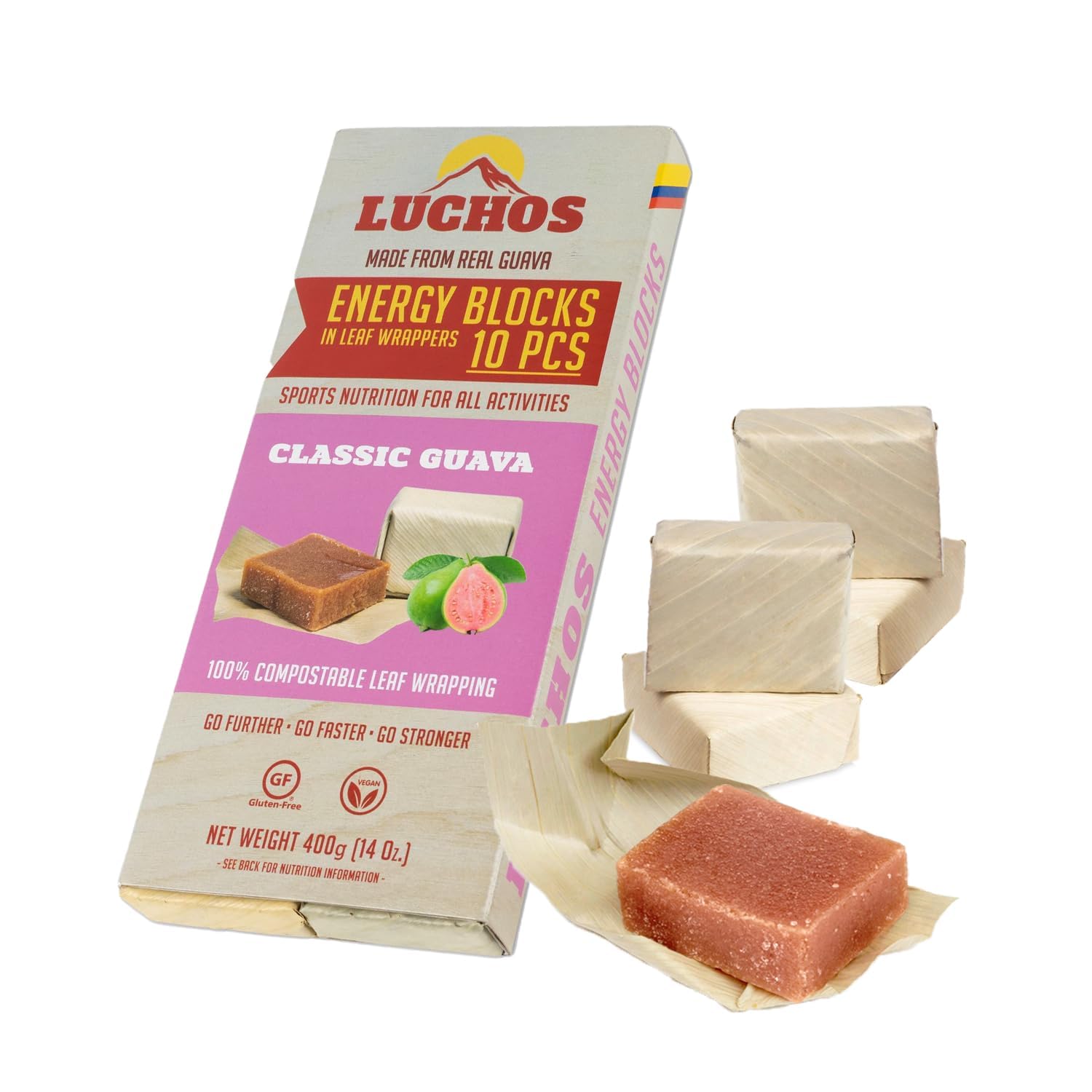 LUCHOS Energy Blocks - Classic Guava 400 g | Colombian On-the-Go Sports Nutrition for Running, Cycling & Hiking | A Natural Alternative to Bars & Gels | 10 Vegan, Gluten Free & Easy to Digest Portions — image 1