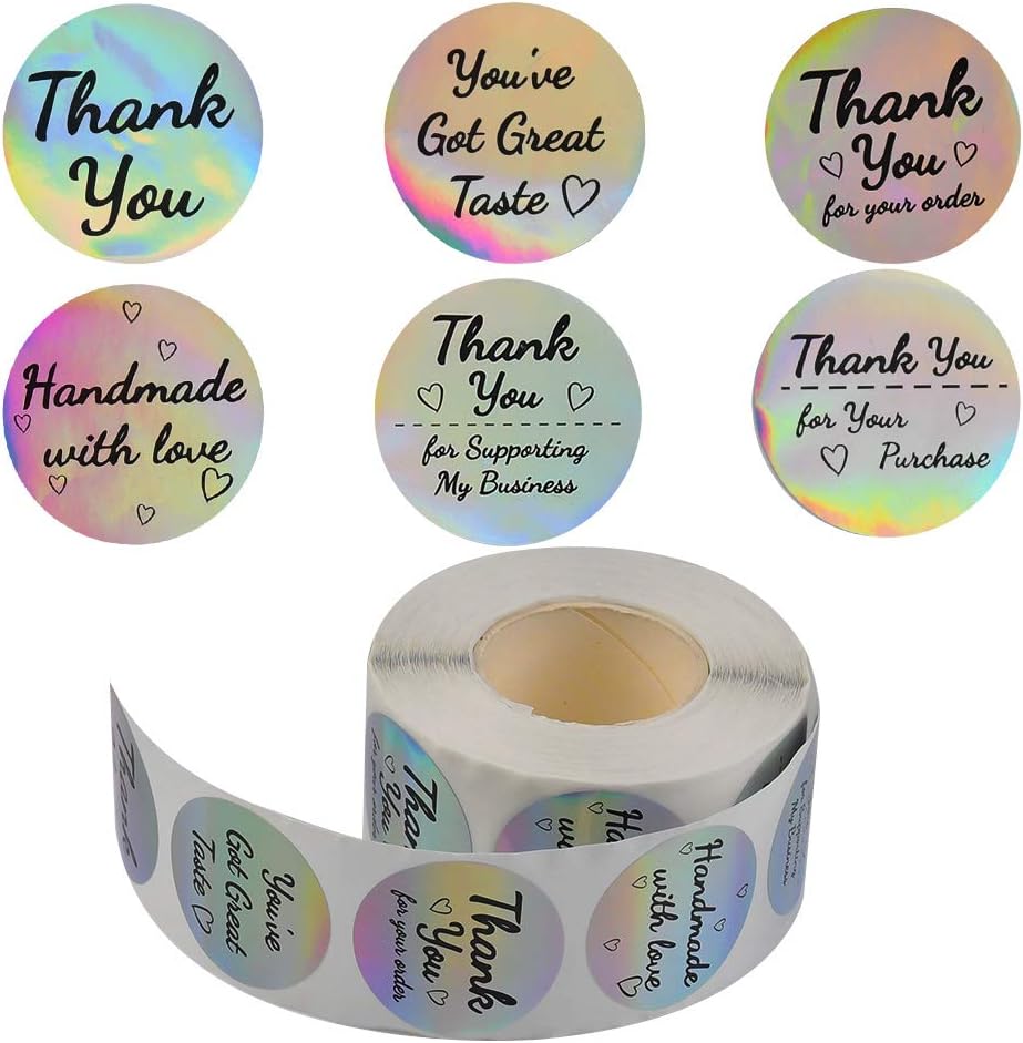 600 Pcs 1.5 Inch Thank You Roll Stickers Business Thank You Labels Round Shape Adhesive Holographic Stickers Rainbow Holo Stickers for Sealing, Greeting Cards, Flower Bouquets, Gift Wraps, 6 Designs