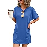 Dokotoo Women's Loose Fit Tunic Top Dress Short Sleeve Basic Tee Dress for Leggings Royal Blue Dress L