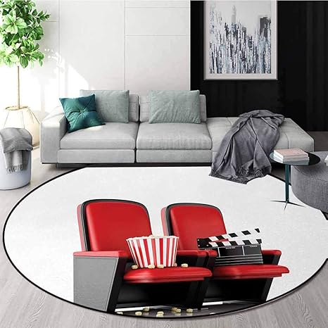 Amazon 映画館 丸く薄く軽いカーペット 3 Dイラストシネマコンセプトクラッパーボードとポップコーンシアター席プリントフロアマット カーペット無地 赤黒白 直径 1cm ラグ カーペット オンライン通販