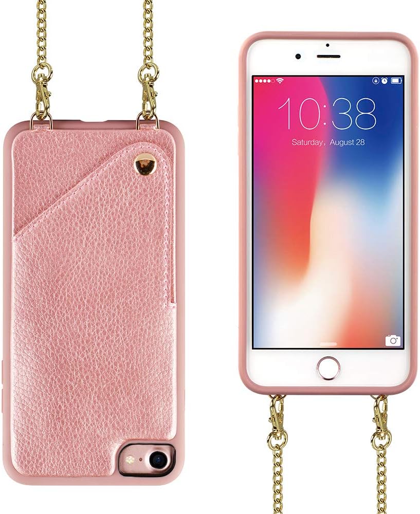 iPhone 7 Wallet Case, iPhone 8 Wallet Case, JLFCH iPhone SE 2020 Crossbody Chain Purse with Card Slot Holder Full Frame Protection Case for Apple iPhone 7/8/SE 2020 4.7 inch - Rose Gold