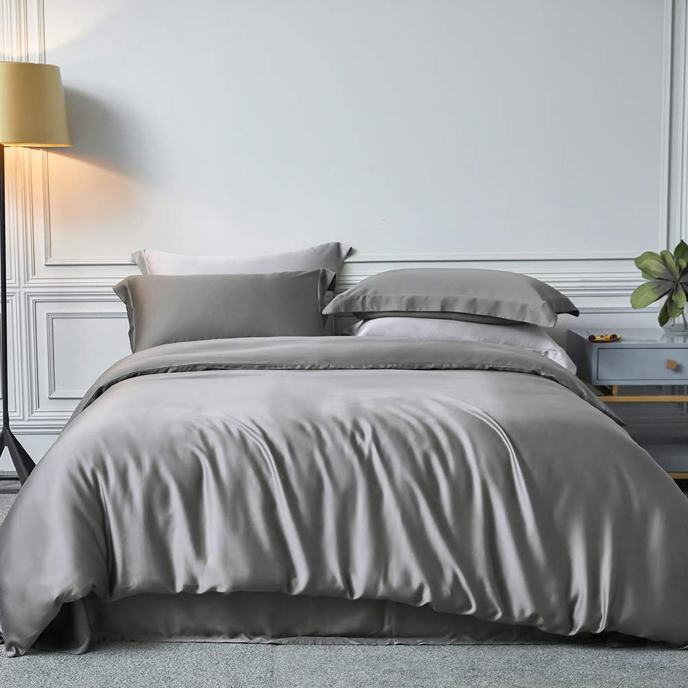 Sacebeleu Grey Duvet Cover Set Double Bed Silk Like Bedding Set Summer Satin Quilt Covers 200x200cm with Zipper Closure and 2 Pillowcases 50x75cm