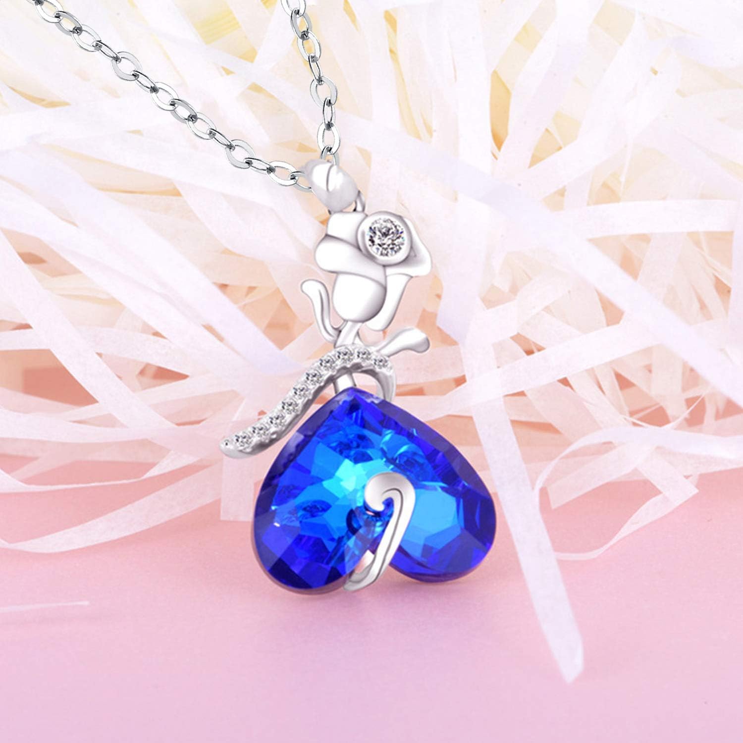praymos Blue Crystal Pendant Heart Necklace for Women Anniversary Jewelry for Her - Image 3