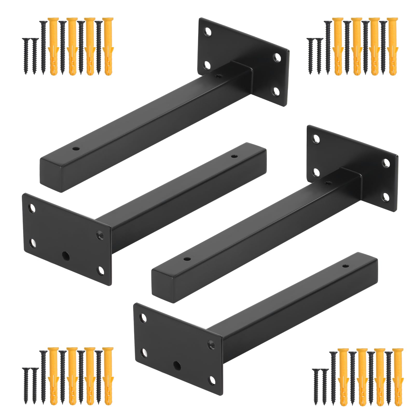 HSEAMALL 4PCS Shelf Brackets Heavy Duty Floating Shelf Brackets 8 Inch Wall Mounted Industrial Metal I Shelf Brackets Shelves Support Black