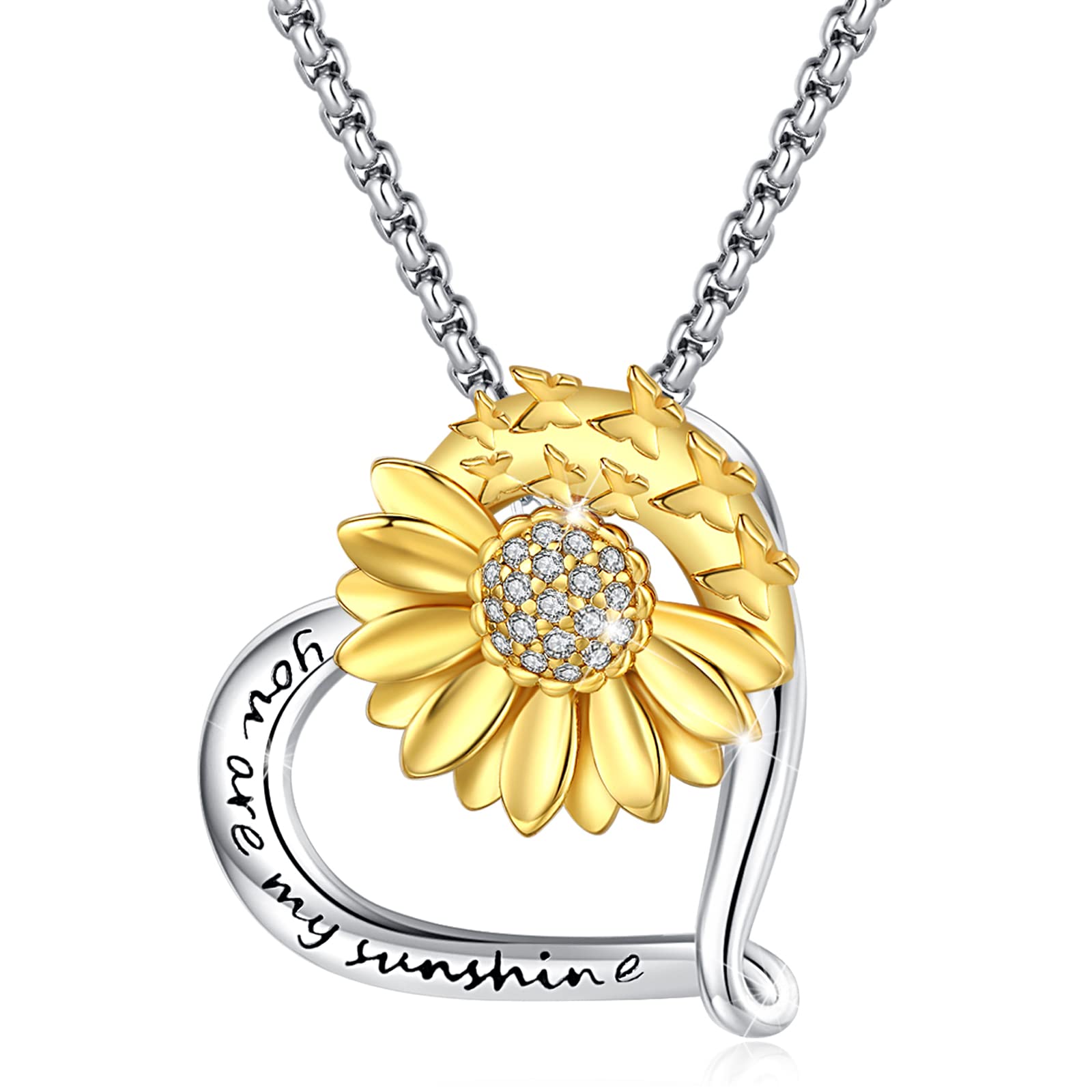 Eusense Sunflower Necklace, 925 Sterling Silver You are My Sunshine Heart Pendant Jewellery Gift for Women