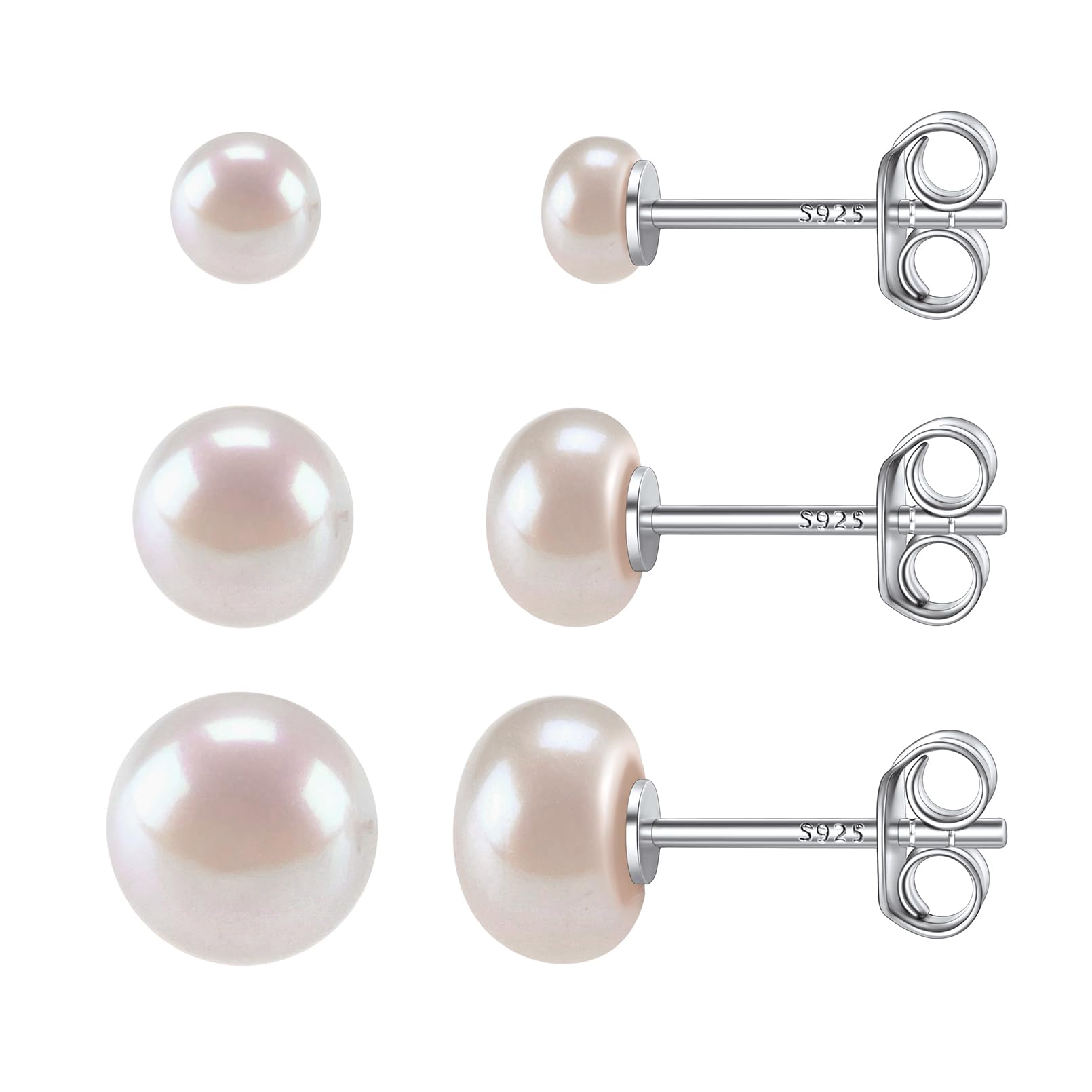 ChicSilver Freshwater Pearl Earrings Set 925 Sterling Silver 4/6/8mm Pearl Cartilage Studs for Womens Sensitve Ears Elegant Jewelry