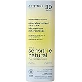 ATTITUDE Mineral Sunscreen Stick for Sensitive Skin, SPF 30, Made in Canada, EWG Verified, Plastic-Free, Broad Spectrum UVA/U