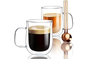 Double Walled Glass Coffee Mugs 12 OZ, Borosilicate Glass Coffee Cups Set of 2 with Spoons, Insulated Clear Coffee Mug for Ho