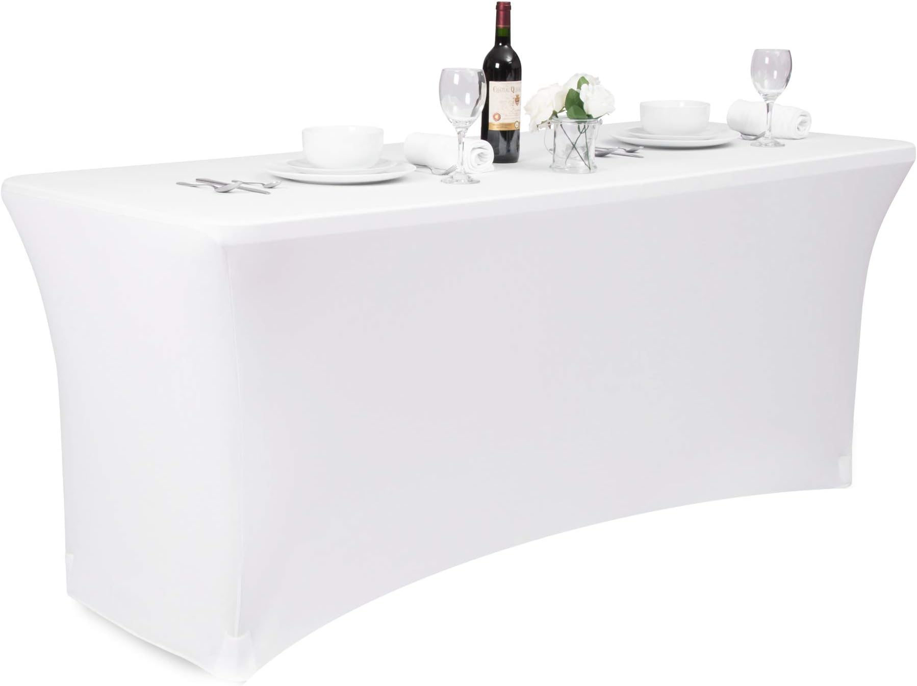 Buybility 6ft Spandex Pure White Table Cover 4 Way Stretch Premium Heavy Weight 210 GSM Cloth Fitted for Rectangle Table. Baby Shower, Girls Birthday Party,Weddings, Event Trade Show, Anniversary