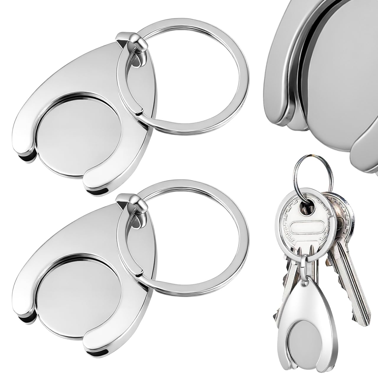 BESPORTBLE Trolley Token Keyring UK Pound Coin Size - Anti-Rust Metal Shopping Cart Remover Key for Supermarket Locker Gym - Silver 2Pcs