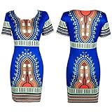 Orangesky Women Traditional African Print Dashiki Bodycon Short Sleeve Dress (L, Blue)