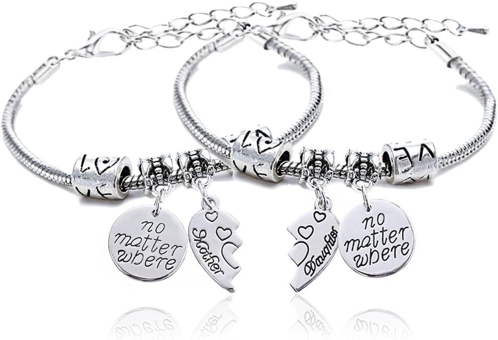lauhonmin 2pcs Mother Daughter Bangles Set No Matter Where Compass Split Broken Heart Expandable Bracelets Gift