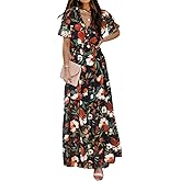 BLENCOT Womens Casual Boho Floral Printed V Neck Short Sleeve Long Evening Dress Ruched Cocktail Party Maxi Wedding Dress