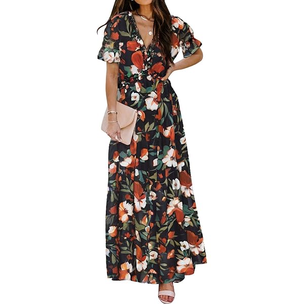 Women's Maxi Long Sleeve Chiffon Dress Floral Blue Boho Deep