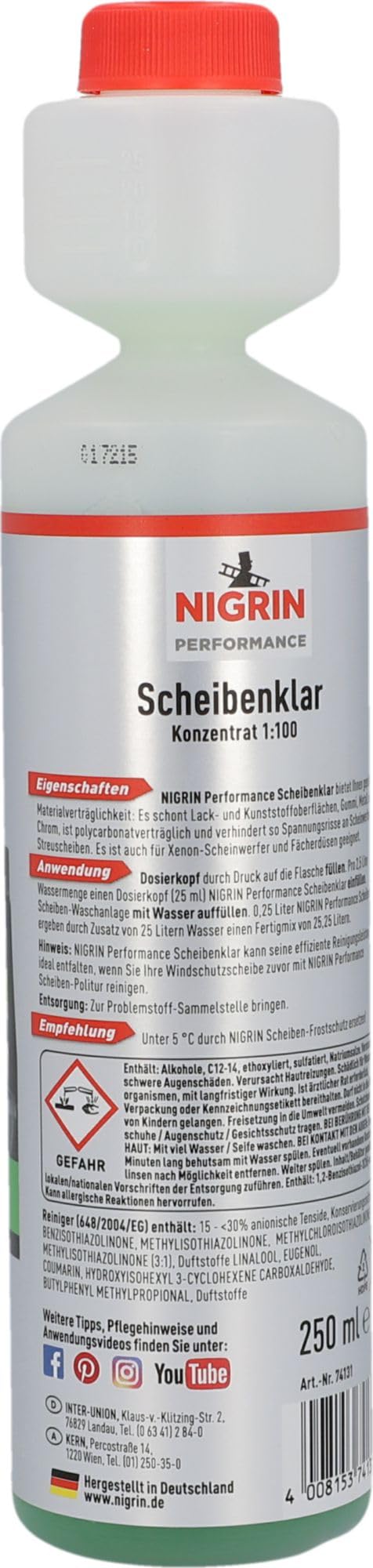 NIGRIN Performance Scheibenklar Konzentrat 1:100 Designer Duft | 250 ml | Reinigungszusatz für Autoscheiben und Scheinwerfer | entfernt Insekten, Öl, Fett | schlierenfrei | sehr ergiebig | ab 5°C 8
