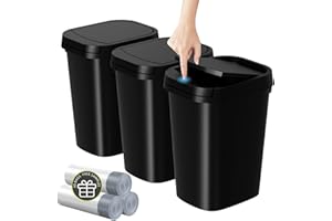 KSSKSS 3 Pack Bathroom Small Trash Can with Lid, 2.6 Gallon Slim Garbage Bin with Pop-Up Lid, 10L Plastic Wastebasket for Bedroom, Office, Kitchen, Toilet (Matte Black)