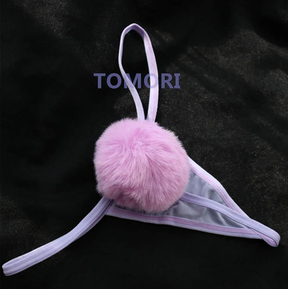 TOMORI Womens Sexy Thong Pantie Cute Rabbit Tail G-String Fur Ball Bikini T-Back Cosplay Underwear, Purple (Mesh), One Size: Clothing
