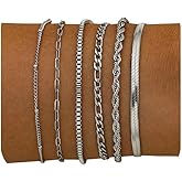 Tornito 6Pcs Gold Bracelets for Women 14K Gold Plated Stainless Steel Chain Bracelets Stackable Paperclip Satellite Figaro Box Rope Herring bone Link Bracelets Jewelry Sets 6.5 Inches Silver Gold Tone