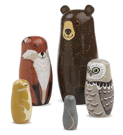 Set Of 5 Magic Cabin Woodland Forest Animal Nesting Dolls Wood