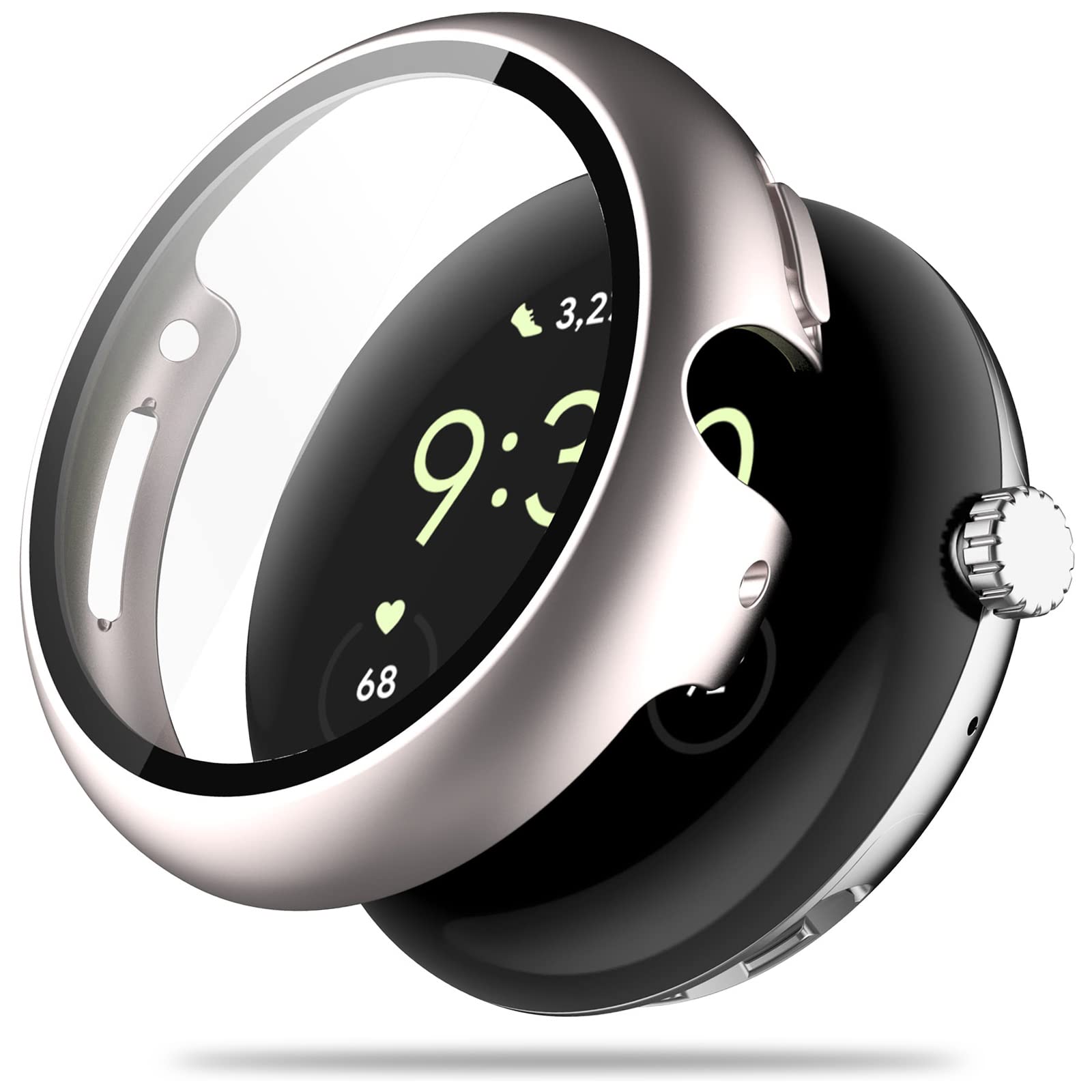 Miimall Compatible with Google Pixel Watch Case, [Tempered Glass Screen Protector] [Hard Bumper] Ultra-Thin PC Shockproof All-Around Shell Protective Cover Case for Google Pixel Watch-Starlight