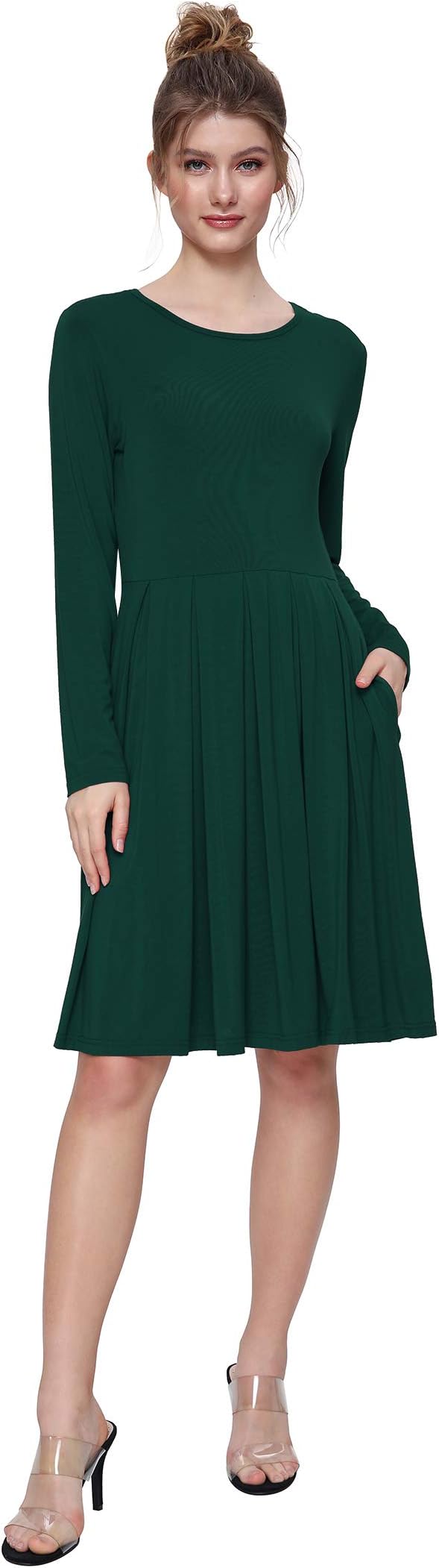 Weintee Women's Casual Dress Pleated Knee Length Dress with Pockets