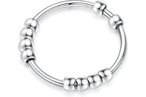Ursilver S925 Sterling Silver Spinner Ring for Women, Anxiety Ring, Stress Relieving Ring with Beads, Fidget Ring, Silver, Unisex Jewelry