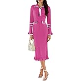 Pink Queen Women's V Neck Bodycon Sweater Dress 2026 Long Sleeve Half Button Slim Fitted Ruffle Ribbed Knit Maxi Pencil Dress