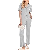 Ekouaer Women's Pajama Sets Ruffle Button Up Pj Sets 2 Piece Short Sleeve Pants Lounge Set with Pockets