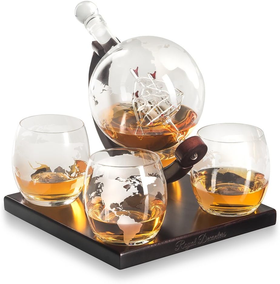 Royal Decanters Etched Globe Whiskey Decanter Gift Set- Glasses & Glass Beverage Drink Dispenser also for Brandy Tequila Bourbon Scotch Rum -Alcohol Related Gifts for Dad (850ML) (4 Glass Square)