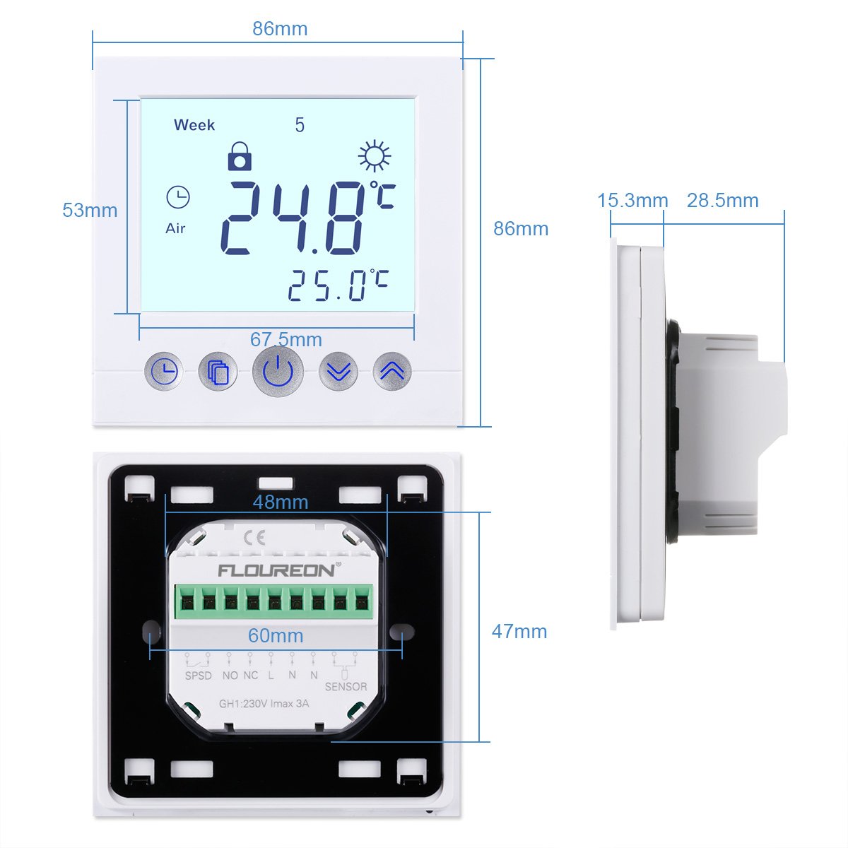FLOUREON Underfloor Heating Thermostat Central Heating thermostats Room Thermostat 230V 3A Programmable Temperature Controller 5+ 2/6+ 1 / 7days with Large LCD Screen