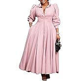 Kwunbwa Womens Long Sleeve Shirt Dress Swing Pleated Plus Size Dresses with Pockets Casual Elegant Business Maxi Dress