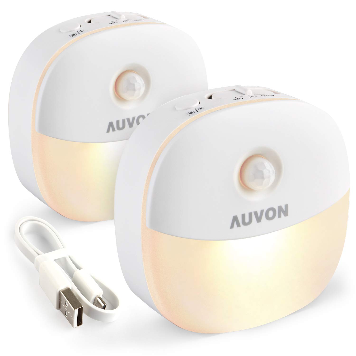 AUVON Rechargeable Motion Sensor Night Light, LED Stick-On Nightlight with Dusk to Dawn Sensor, Motion Sensor (Passive Infrared Technology), Adjustable Brightness for Kids, Moms, The Elderly, 2-Pack