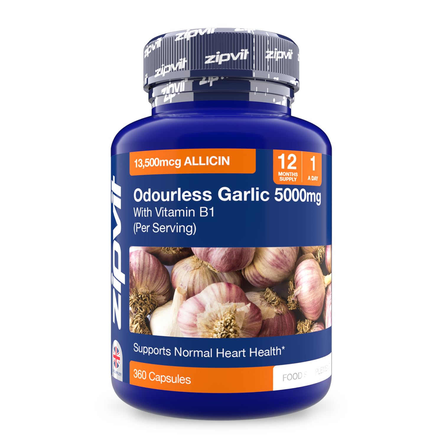 Zipvit Odourless Garlic Capsules 5000mg with Vitamin B1, Supports Heart Health, 10mg 500:1 Garlic Extract, 360 Capsules, 12 Months Supply,