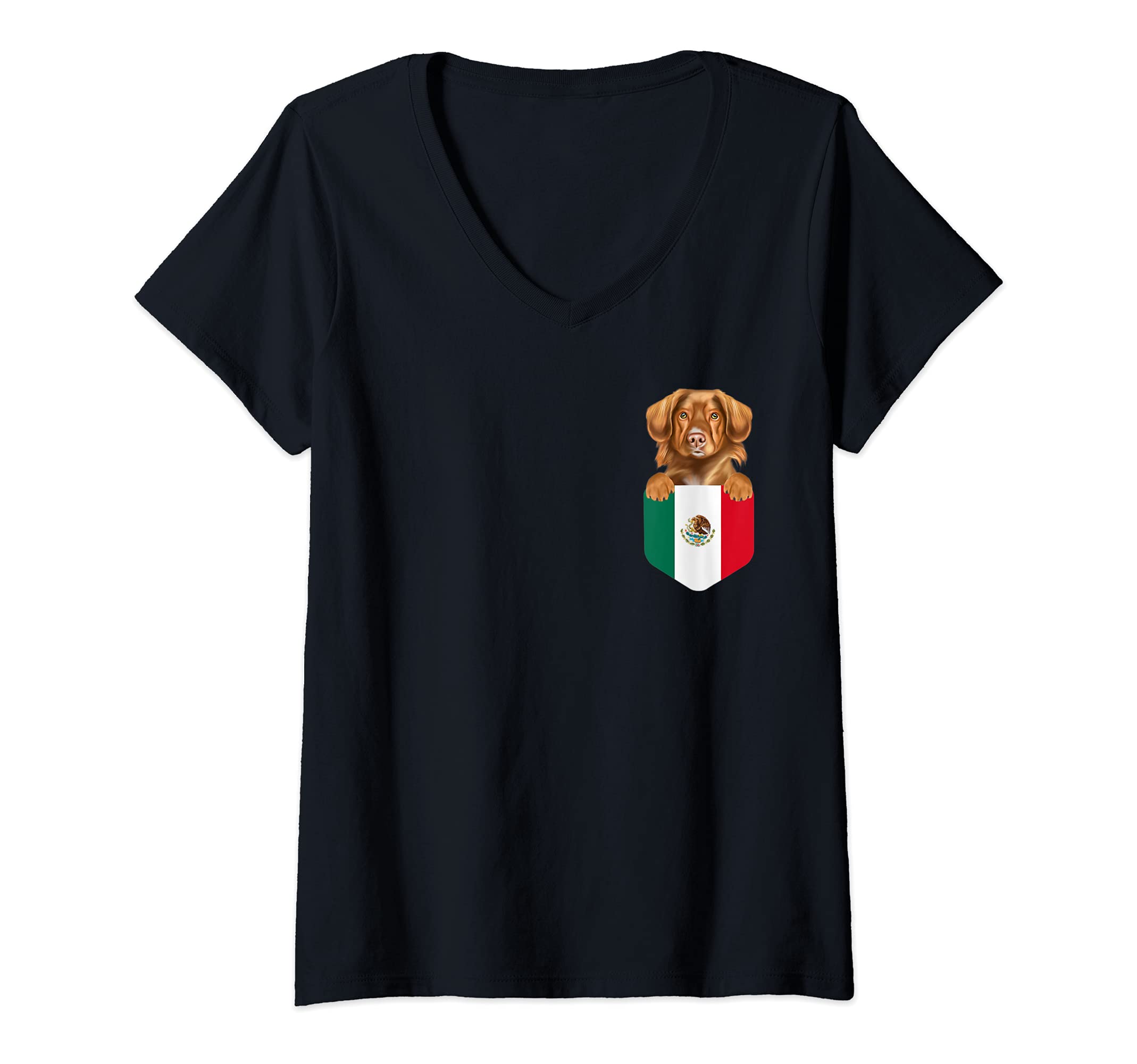 Womens Mexico Flag Duck Tolling Retrievers Dog In Pocket V-Neck T-Shirt