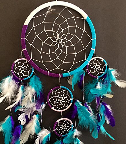OMA Dream Catcher - Hand Crafted Traditional Tie Dye Colors Turquoise, Purple & White Feathers - Large Size - 9" Diameter & 30" Long